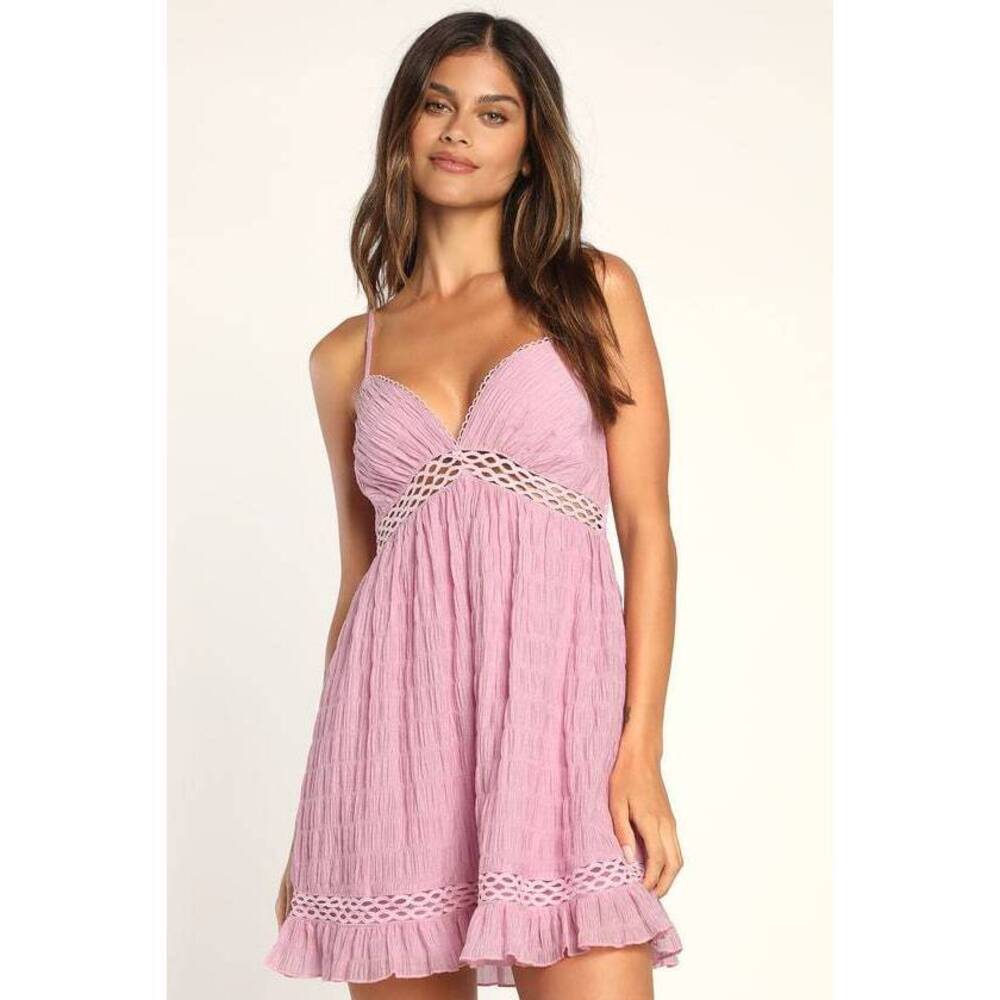 Lulus Adored Endlessly Lilac Smocked Crochet Lace Mini Dress Purple - Size M